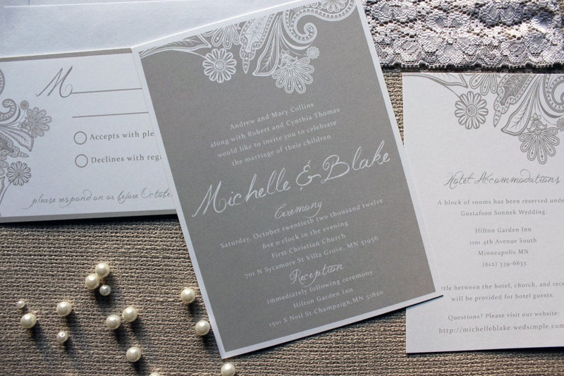 Hint of Lace Wedding Invitation Collection shown in white and mushroom gray 