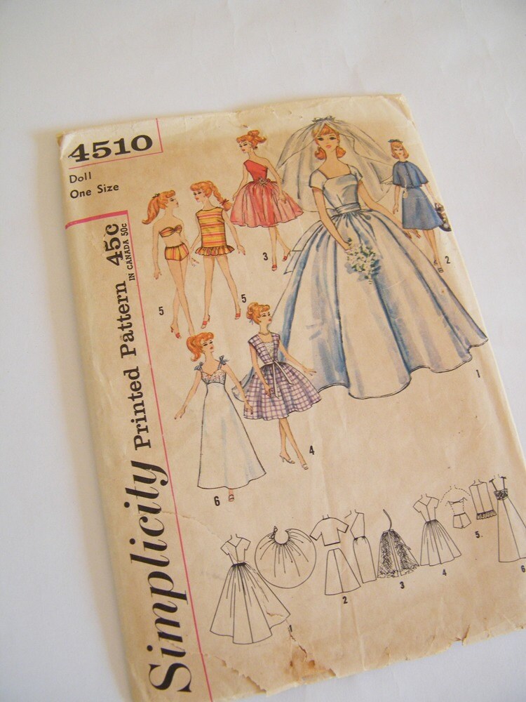 Vintage 1950s Barbie Doll Sewing Pattern Simplicity 4510 One Size Wedding