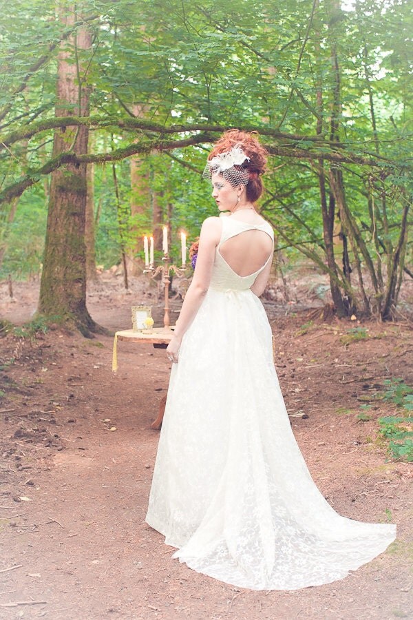 Wedding Dress Lace Vintage Style Open Back Simple Full Skirt VNeck