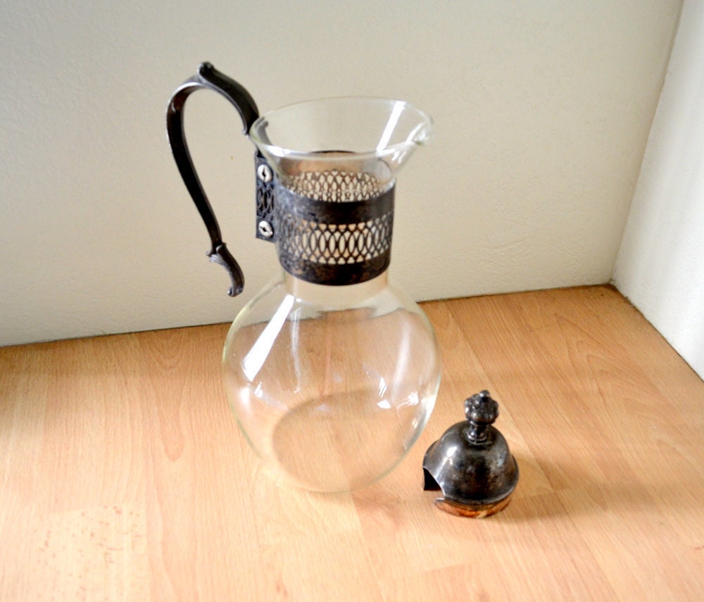 Vintage Corning Ware Glass Carafe Coffee and Tea Pitcher with Silver