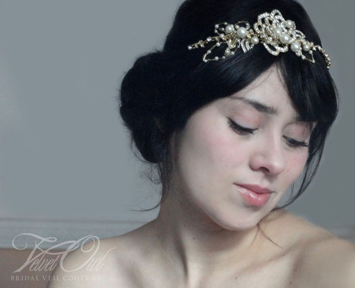 Augustine Golden flower and leaf bridal headband tiara woven pearls and 