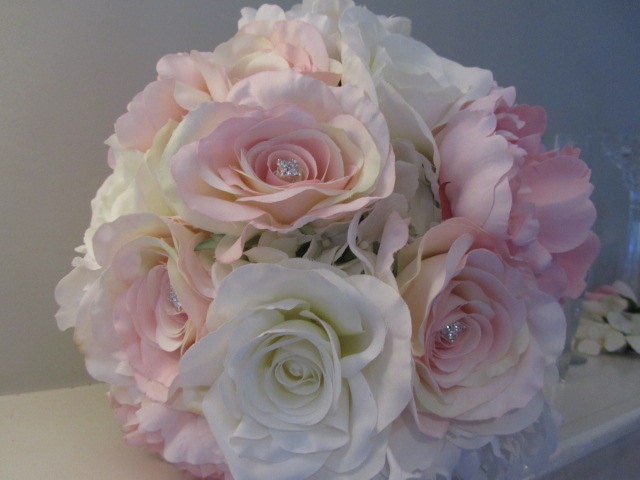 bride wedding bouquet white roses pink tip 