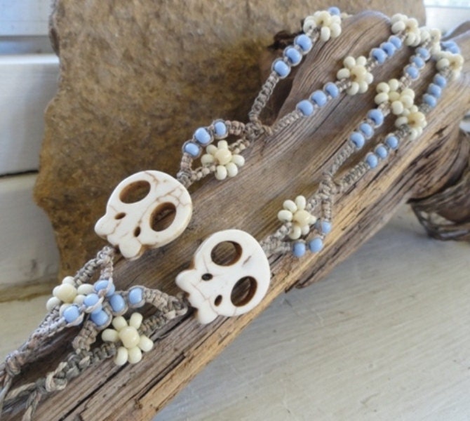 RESERVED ivory and periwinkle blue floral hemp barefoot sandals with skulls