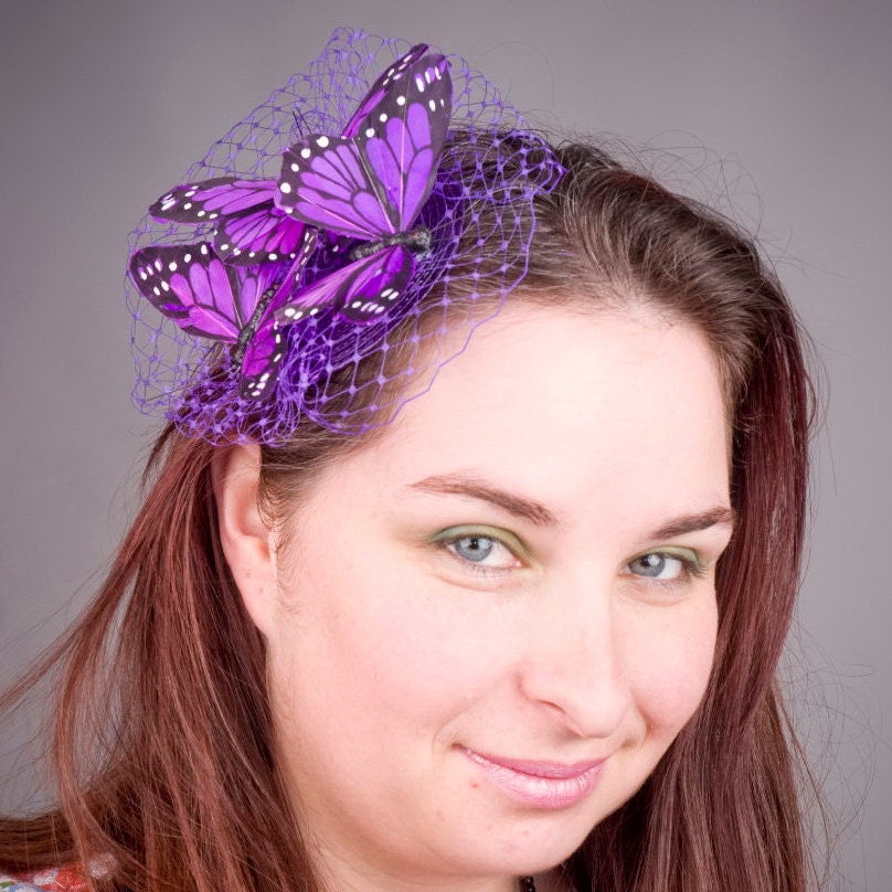 Purple Butterfly Fascinator with Veiling and Feather Butterflies in Small