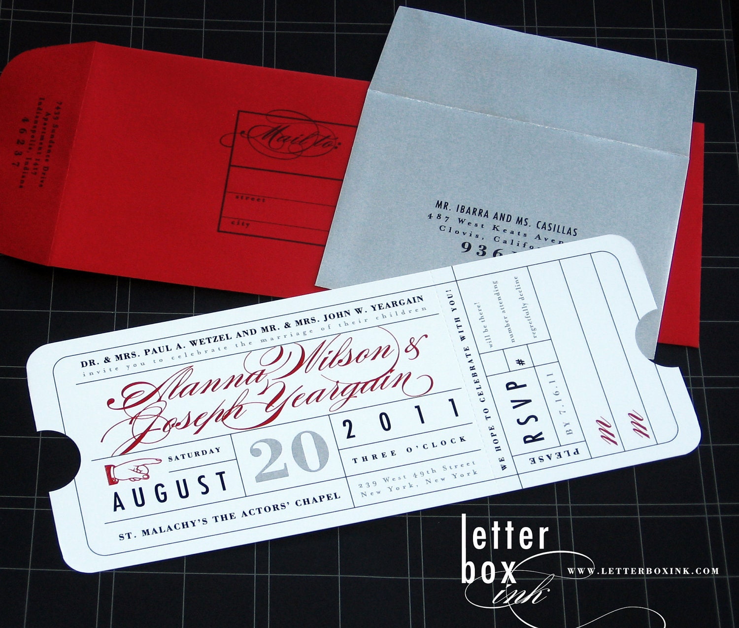 red and white wedding invitation ticket