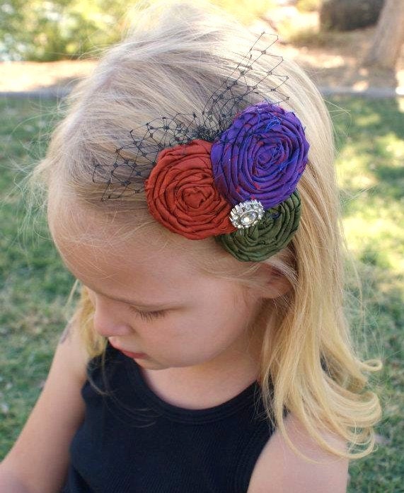 Gorgeous Fall Colors Burnt Orange Rust Olive Green and Purple Silk Rosette 