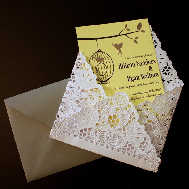 Love Birds Wedding Invitation Set with Lace Paper Doily Inner Envelope 