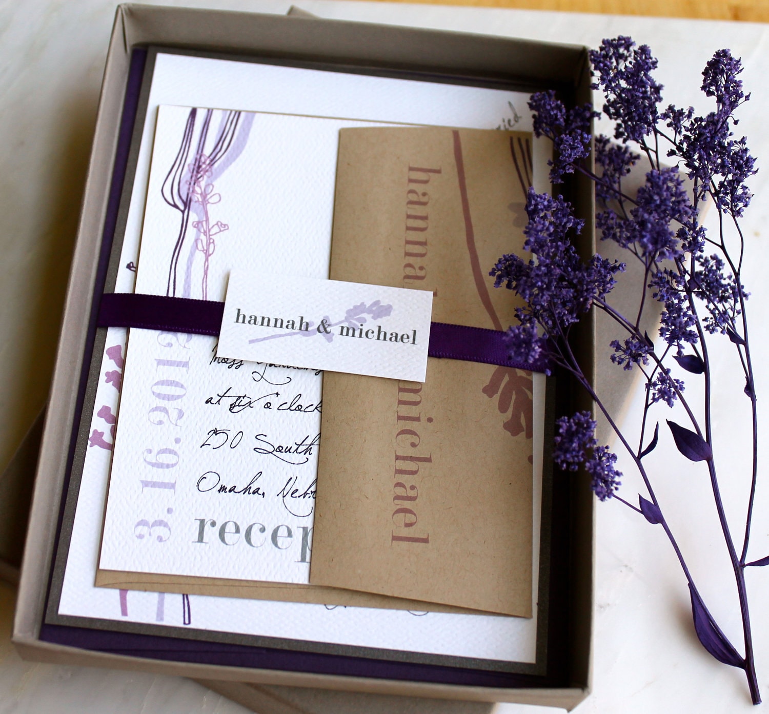 purple rustic wedding invitations