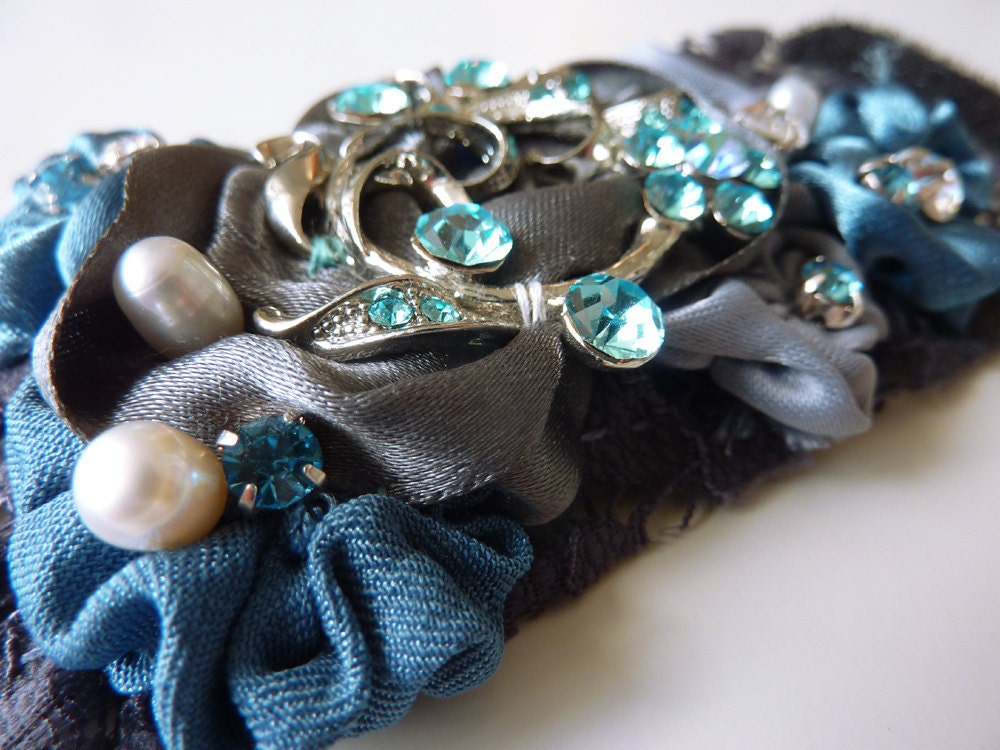 Bridesmaids Cuff Bracelet Blue Grey Teal Turquoise With Rhinestones 