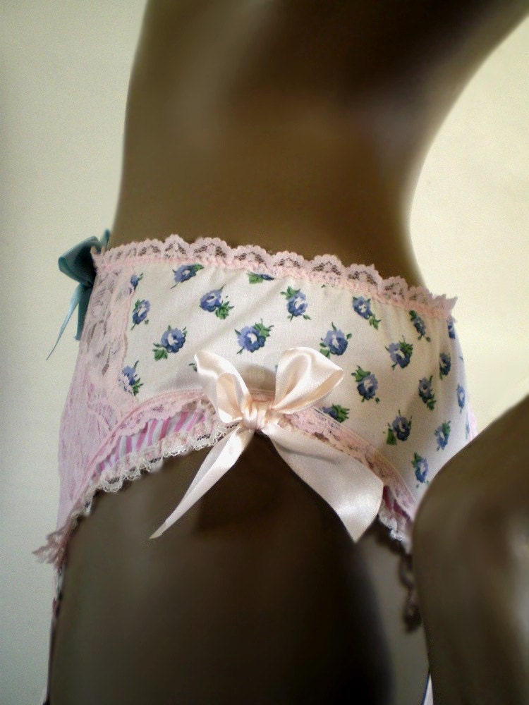 Blue Rose Garter Belt All Cotton Vintage Style Shabby Chic Pink Lace Satin 