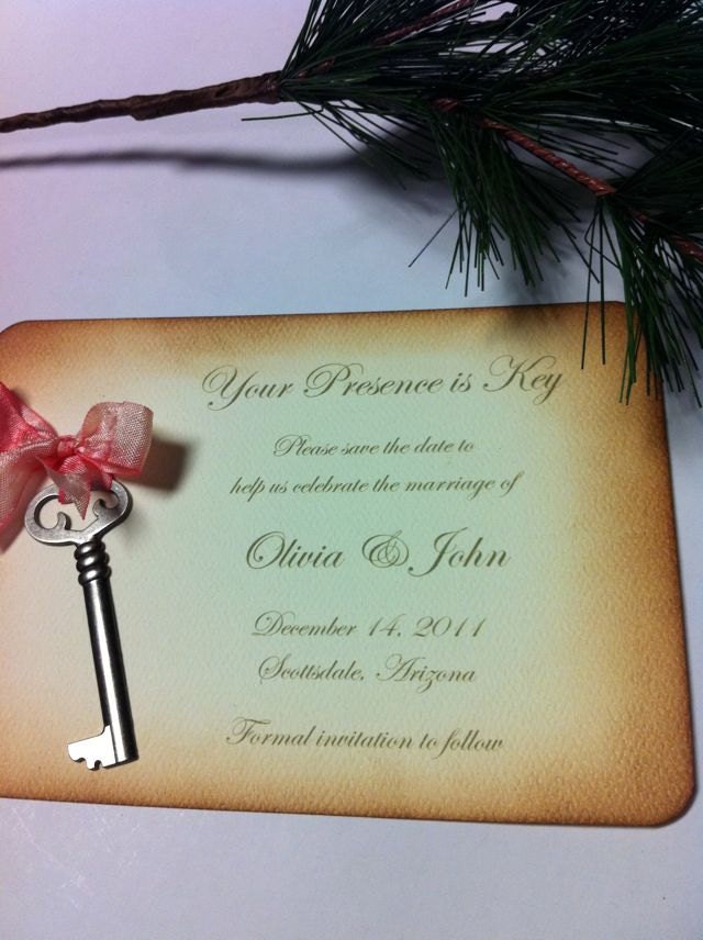Vintage Key Save the Date Invitations Antique Distressed Weddings Gold