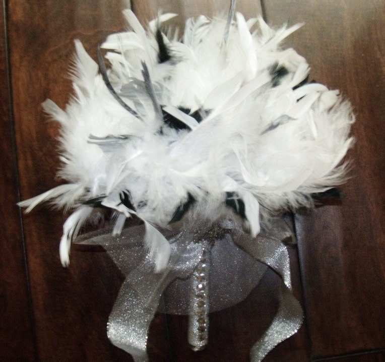 Winter Wedding Silver White Feather Bouquet Snowflakes and Crystal 