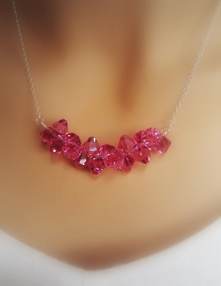  Hot Pink Fuschia Crystals sterling silver row necklace Bridal Wedding