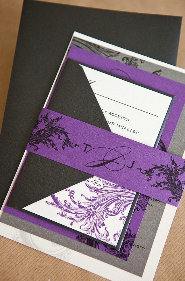 Limeade Wedding Invitation Suite with Belly Band Purple Black 