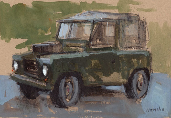 Original Painting Auto Car Retro Land Rover Watercolor Sketch Drawing 5x7