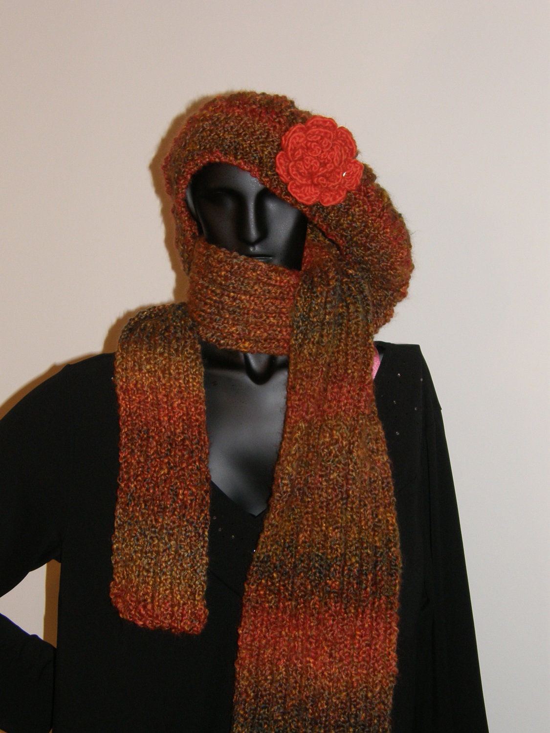 Kintted Warm Fancy Scarf Fall Harvest Golden Rust Green Colored