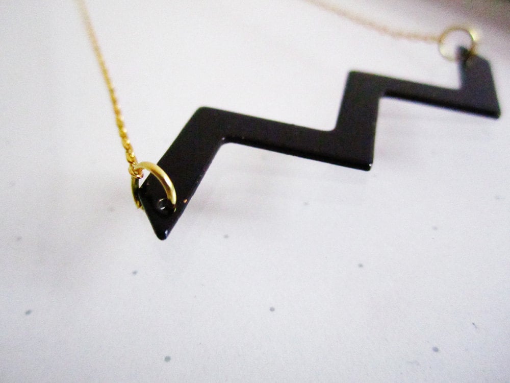 Black Sea geometric necklace - free shipping - vintage enamel black wave on a shiny brass chain