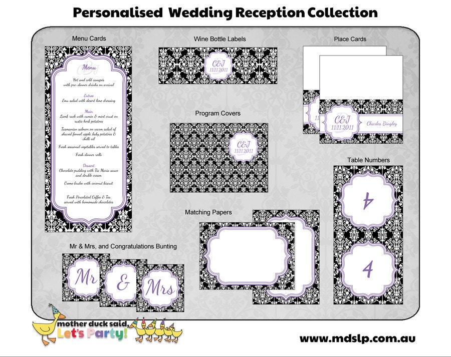 Damask Wedding Reception Collection Printable menu cards 