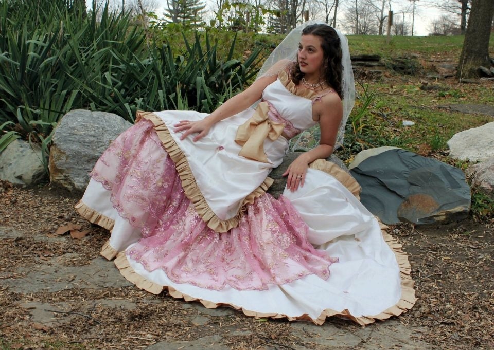 Shabby Chic Country Western Barn Wedding Gown in Ivory and Pink