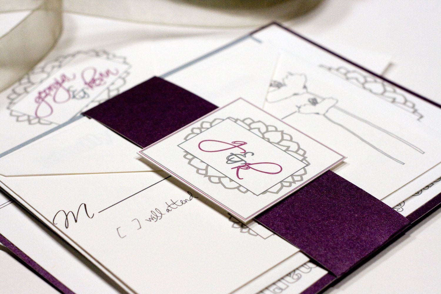 purple and silver lace wedding invitations