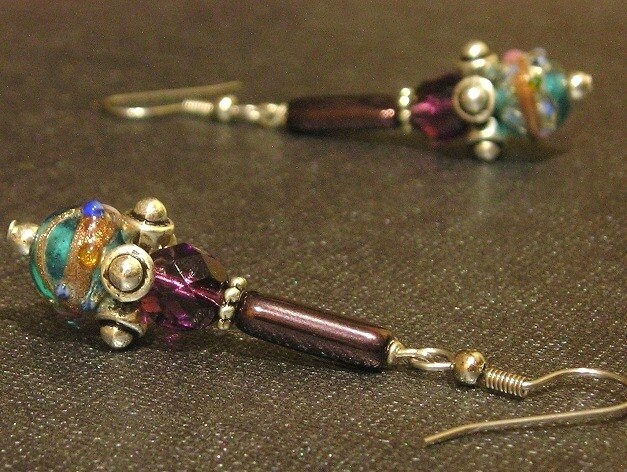 purple teal wedding cake bead earrings with silver accents and surgical