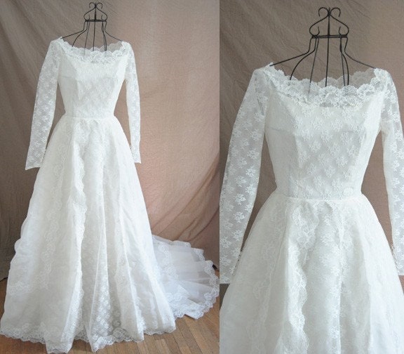 vintage 50s Wedding Dress Alfred Angelo Couture Ivory Lace Illusion 