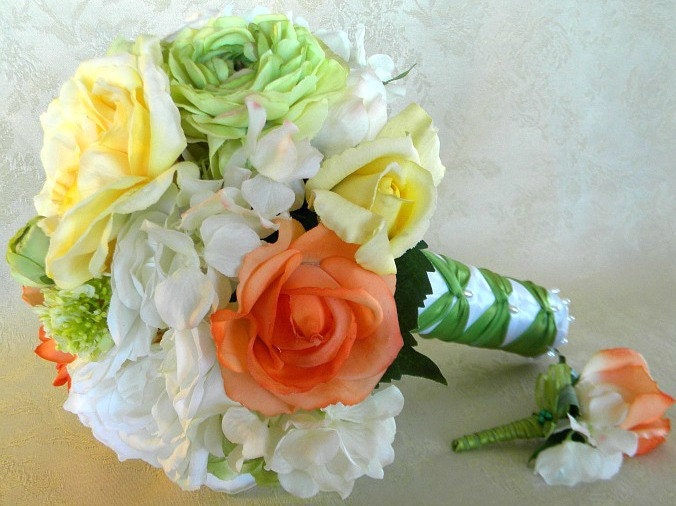 Real Touch Bridal Bouquet and Boutonniere in Tangerine Yellow 