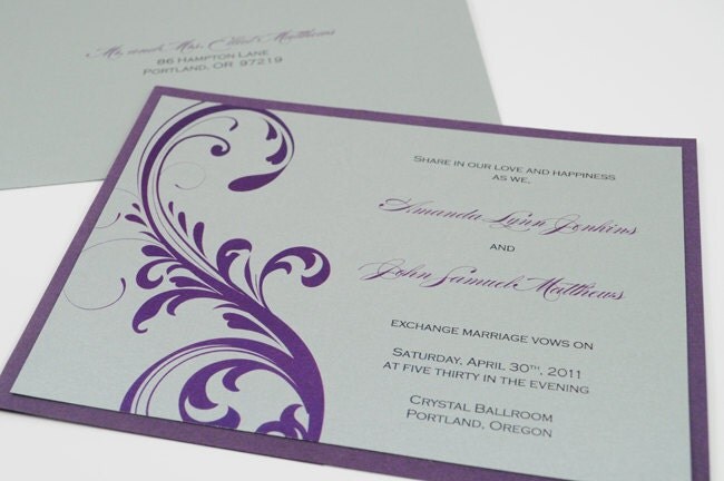 Wedding Invitation in Purple and Silver Classic Elegant Script Design 