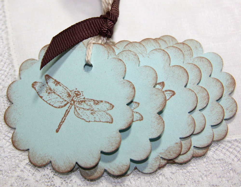 50 Blue Scalloped Vintage Dragonfly Wedding Tags Custom Colors Available