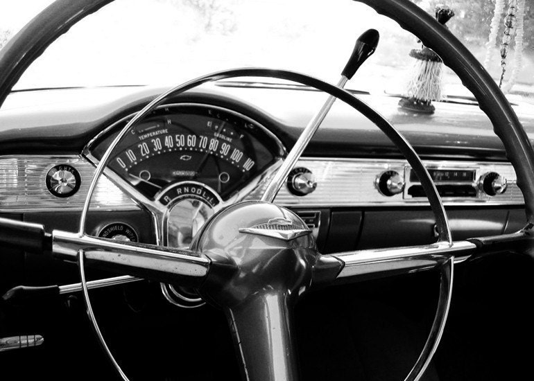 Black and White Chevrolet Bel Air Steering Wheel and Dash Classic Car Art 