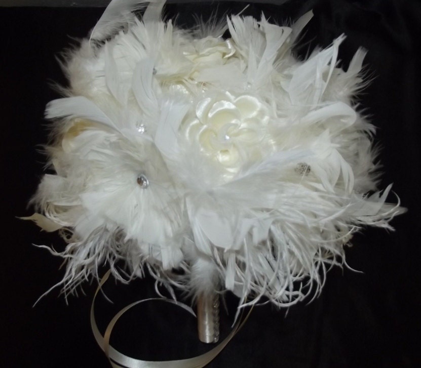 IVORY Crystal Feather Flower Bridal Bouquet White Ostrich Feathers Large 