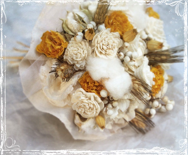  Wedding Bouquet Natural Cotton Bolls Yellow And Cream Shabby Chic