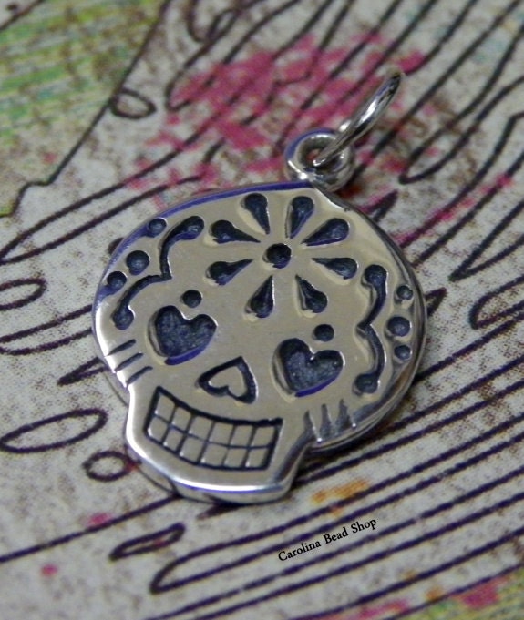 Sterling Silver Mexican Sugar Skull Charm Design on one side only
