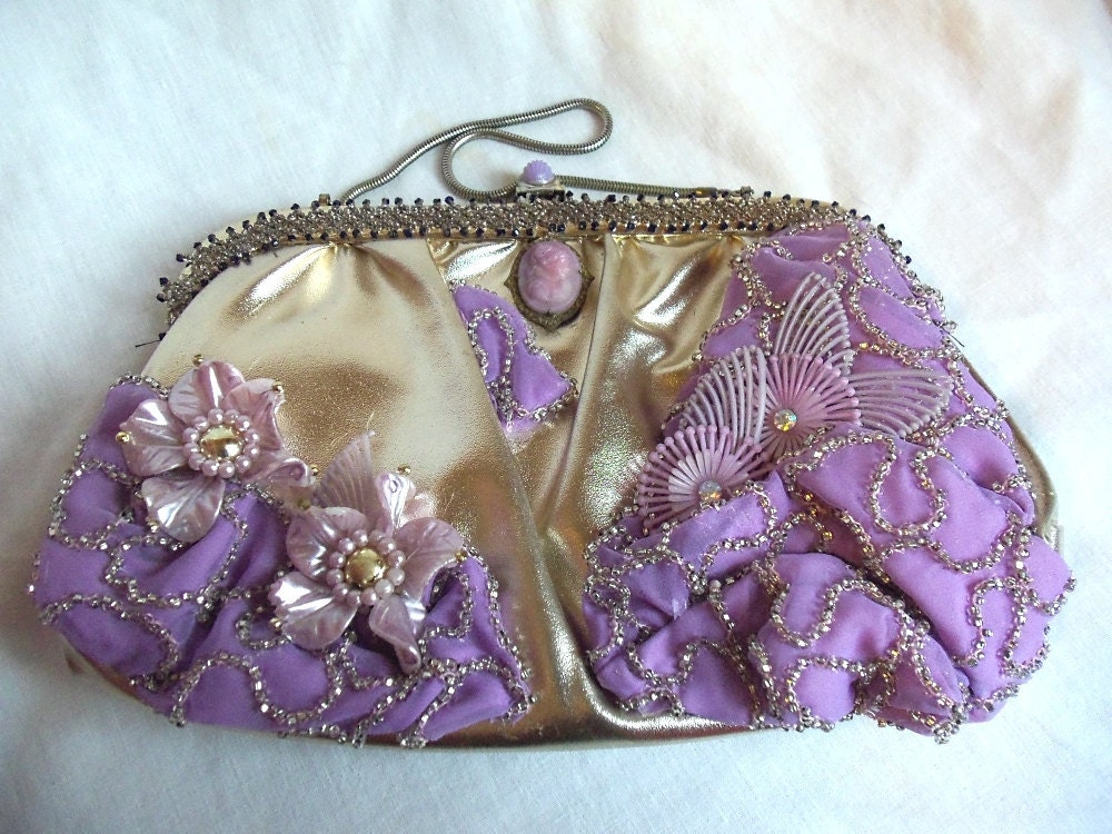 Lilac clutch vintage beaded cameo flowers vintage jewelry rhinestones 