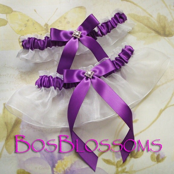 Purple Satin Bow Organza Bridal Wedding Garter Set Keepsake Toss Garters