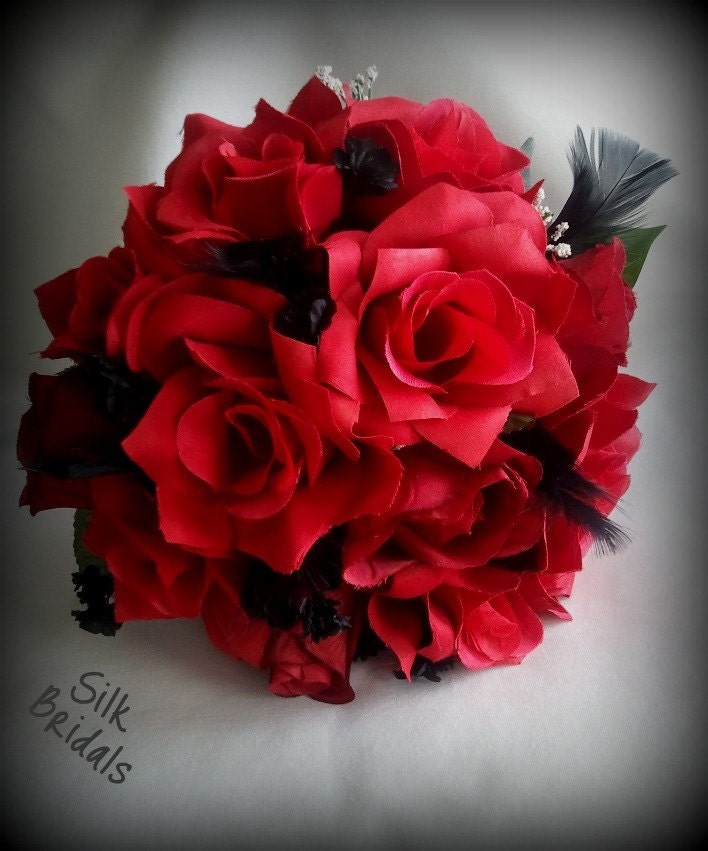 Red Roses Bridesmaid Bouquet Bridal Red and Black Wedding Flowers