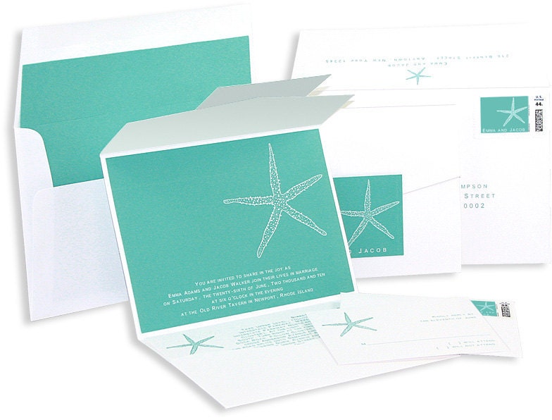 Aqua and White Star Fish Wedding Invitation Pocket Set Sample