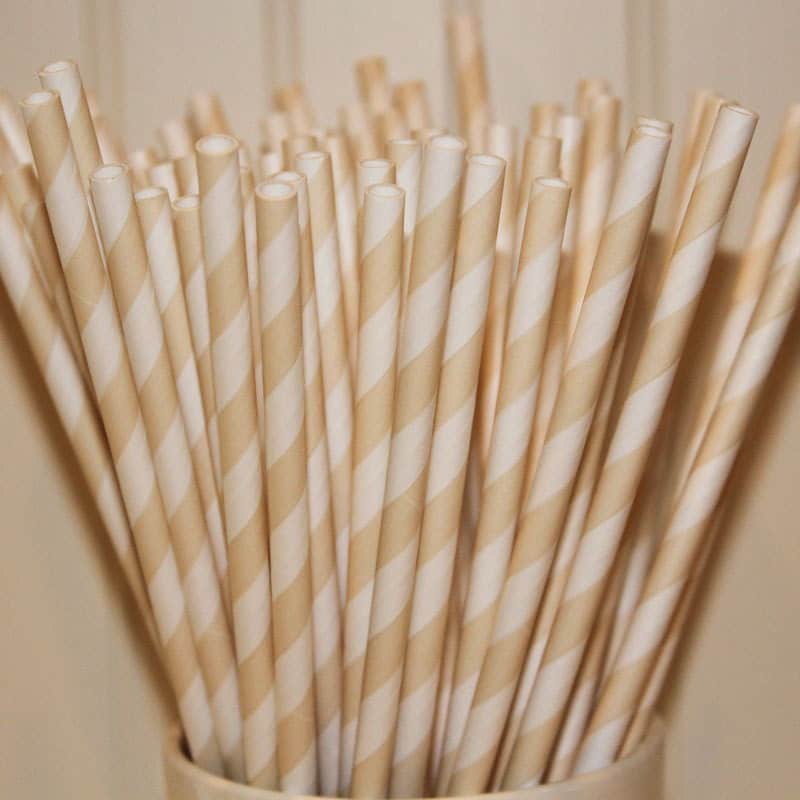 100 IVORY CREAM Striped Paper drinking straws with Blank Paper Flags 