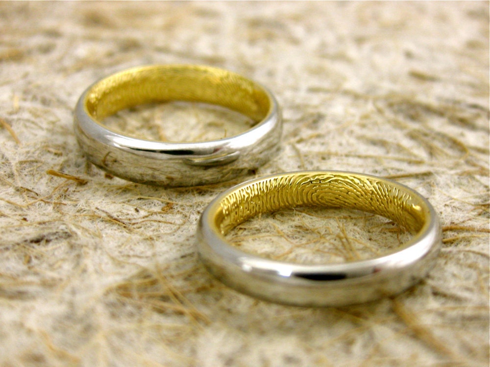 Two Tone Platinum 18K Yellow Gold Finger Print Wedding Ring Set Convex 