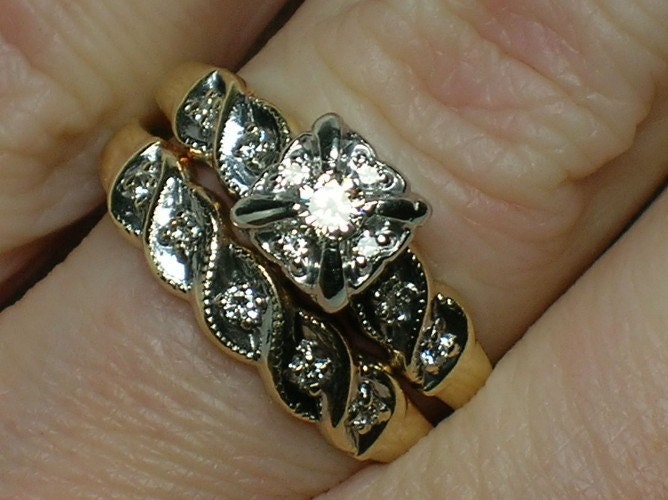 Vintage Wedding Rings Set Diamond Cluster Head c1950s From AuldBaubles