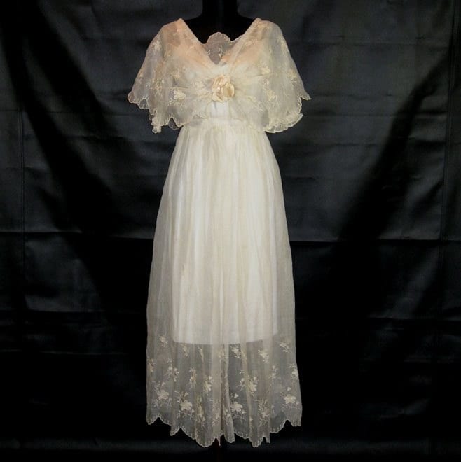 Antique Edwardian 1915 Dress Cotton Floral Embroidered Bridal Wedding