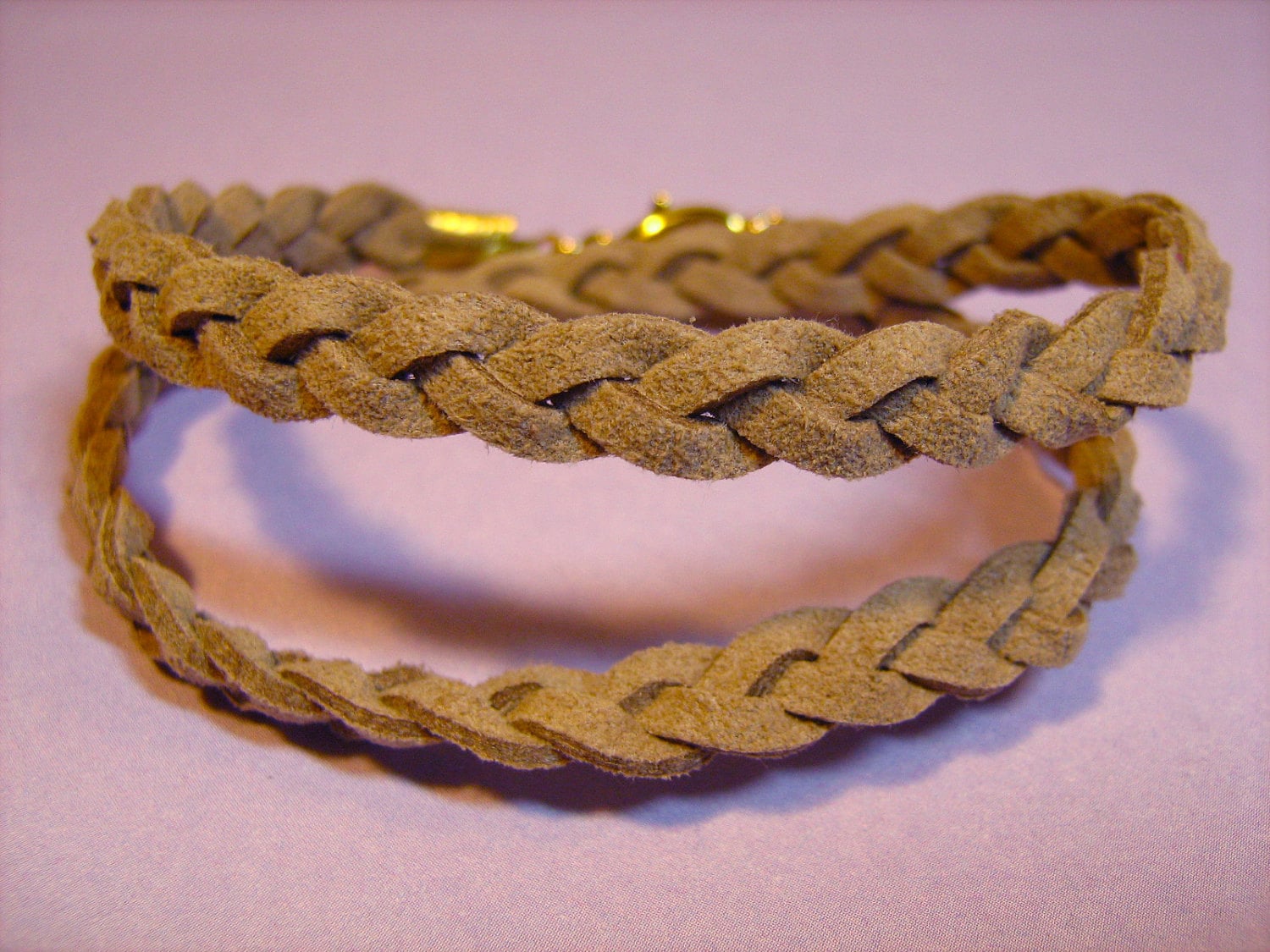 Bracelet: Double-Wrap Tan Braided Suede Cord with Goldtone Findings, for Men or Women Bracelet: Double-Wrap Tan Braided Suede Cord with Goldtone Findings, for Men or Women