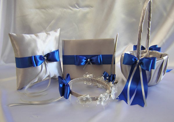Wedding Silver Royal Blue Flower Girl Basket Halo Ring Pillow Guest Book Pen