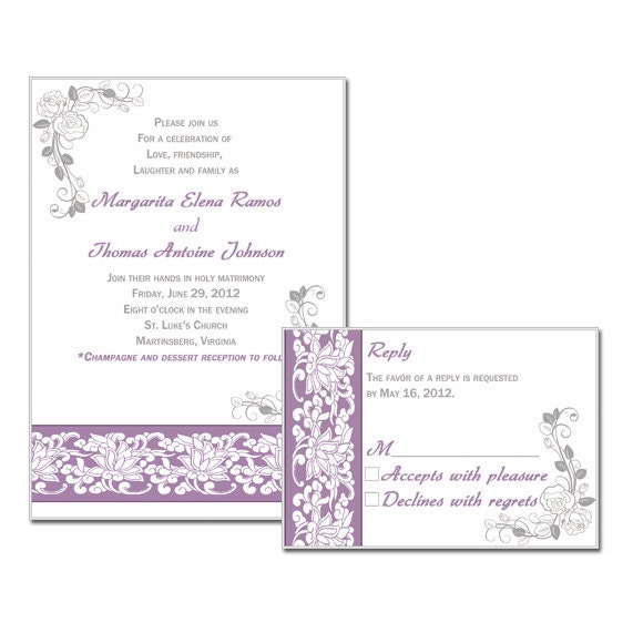DIY Printable Wedding Invitation and RSVP Gray Purple Flowers