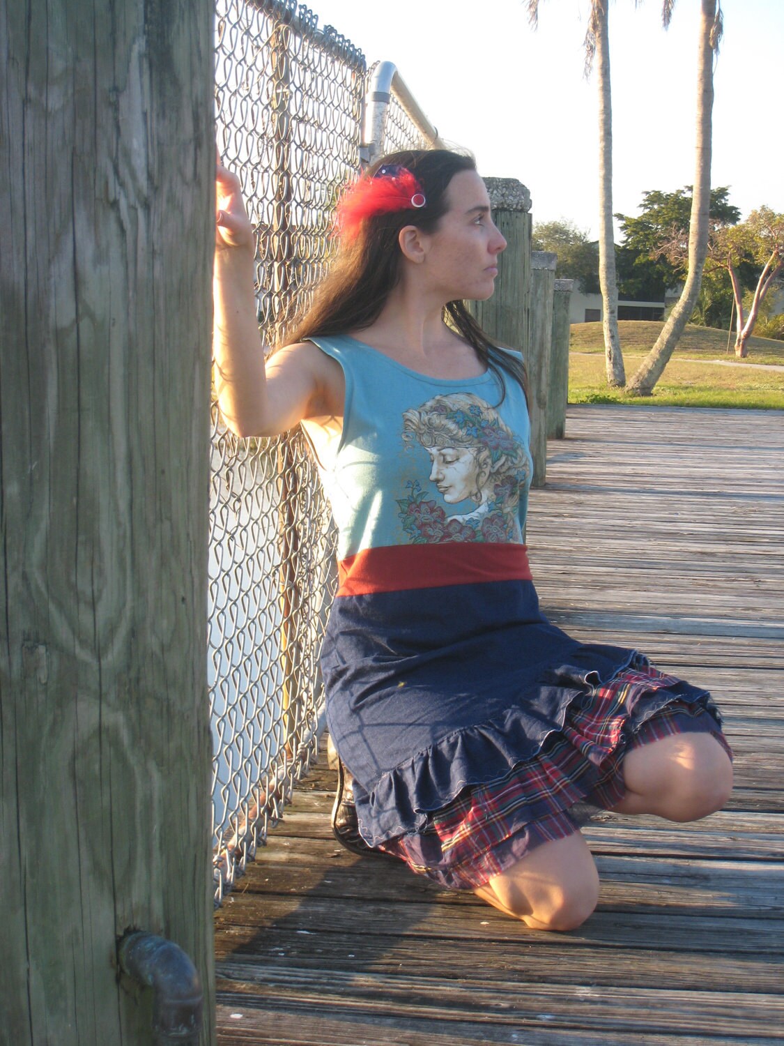 Dress Dark Blue Demin Red Plaid Aqua Blue Goddess Size M-L