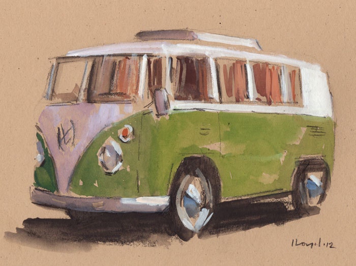 Original Painting VW Bus Hippie Retro Vintage Auto Kombi Watercolor Sketch 