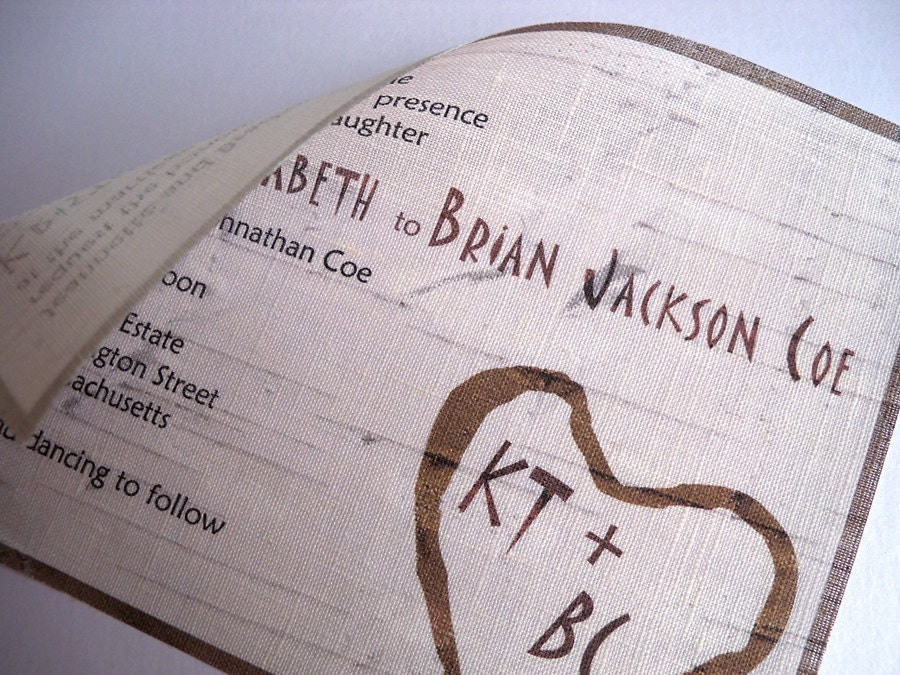 Fabric wedding invitation with carved heart birch tree bark