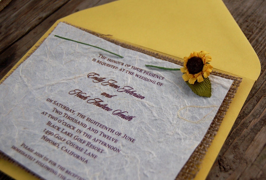Do It Yourself DIY Rustic Burlap Sunflower Wedding Invitation Craft Yellow 