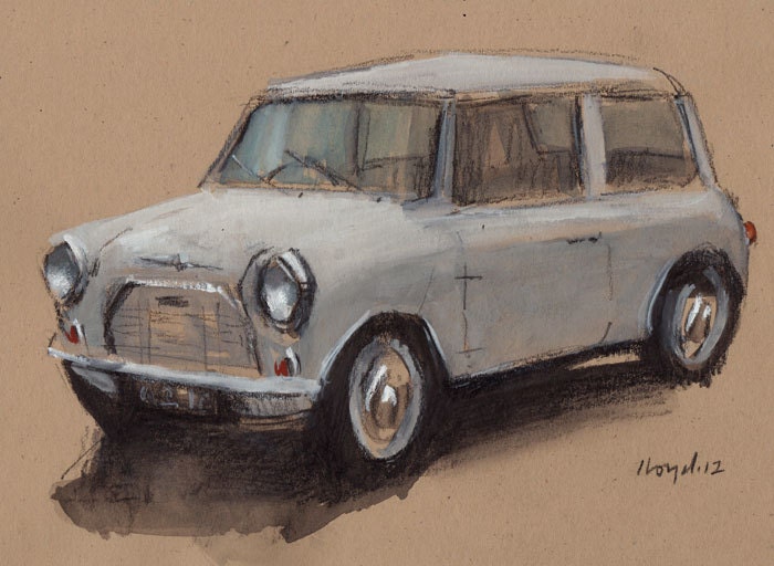 Original Painting Mini Cooper Vintage Auto Watercolor Sketch Drawing 5x7