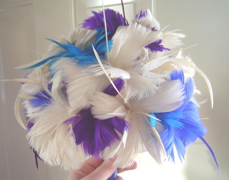 Feather Bridal Bouquet Ivory and Blue Hibiscus Flower Wedding Bouquet Custom